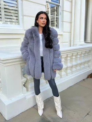 Grey Luxury Fur Mid Length Coat