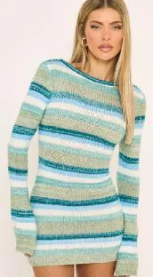 Long Sleeve Scoop Back Striped Mini Dress