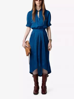 Rima puff-sleeve asymmetric-hem satin midi dress