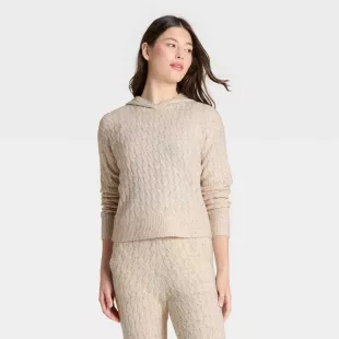 Cashfeel Cable Knit Hooded Pullover Sweater
