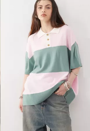knitted stripe rugby polo in pink and green