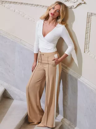 Camel And White Side Stripe Wide Leg Trousers