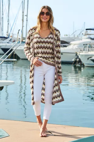 Neutral Metallic Chevron Print Longline Cardigan