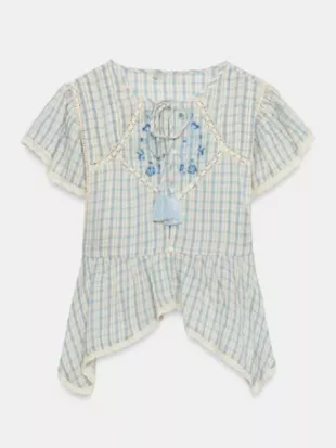 General Hospital Kayden Tokarski Blue Plaid Floral Blouse