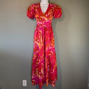 Pink Printed Puff Sleeve Maxi Dress V-neck Empire waist full Skirt