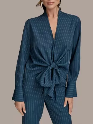 Young and the Restless 2026 Sharon Case Blue Pinstripe Wrap Top