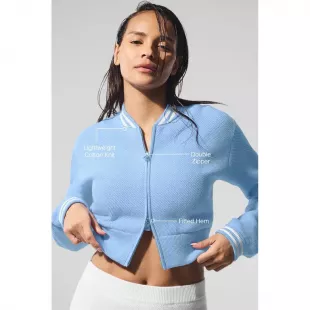 Blue Knit Bomber Jacket