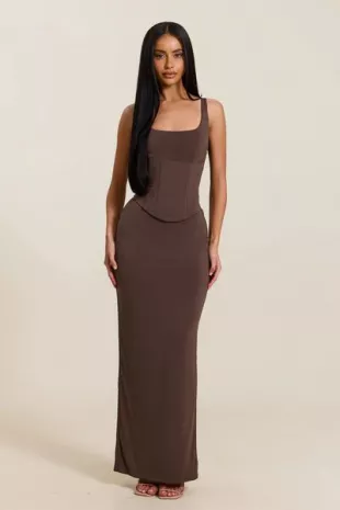 The Sandra Scoop Corset Maxi Dress in Brown