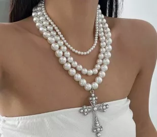 Shein 1pc Double Layer Big Size Faux Pearl Cross Necklace