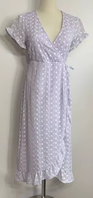 Francesca’s Raissa Eyelet Overlay Lined Lavender Faux Wrap Dress