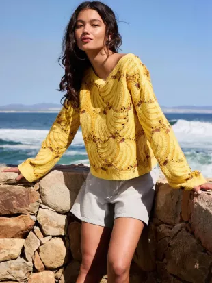 Yellow Banana Cotton Rich Crochet Long Sleeve Off The Shoulder Jumper