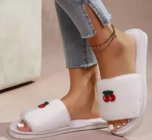 Embroidered Plush Open Toe Slippers