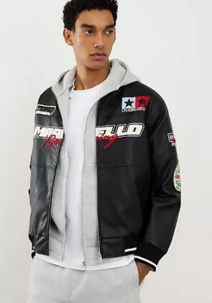 Black Motorcross Faux Leather Bomber Jacket