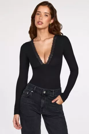 Verity Ribbed Modal Long-Sleeve Plunge Bodysuit