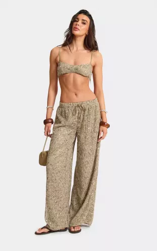 Drawstring Wide Leg Trousers In Khaki Sequin