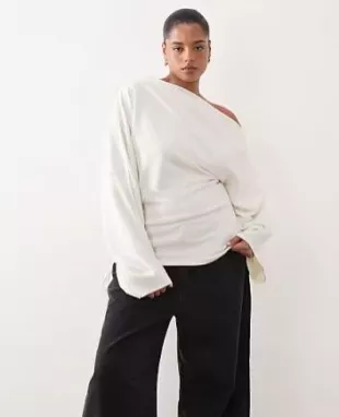 Curve Jersey Off Shoulder Wide Sleeve Top With Ruched Hem