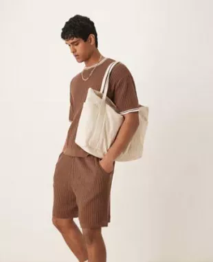 Oversized Knitted Textured T-Shirt and Shorts Co-Ord In Brown