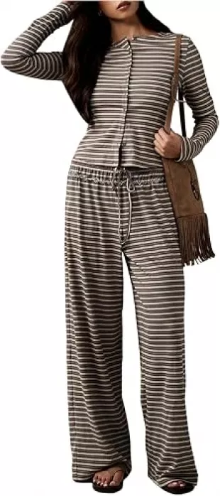 Striped 2 Piece Pants Outfits Long Sleeve Button Down Knit Top