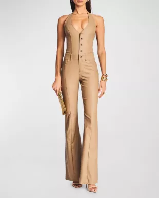 Cynthia Coated Denim Flared Halter Jumpsuit