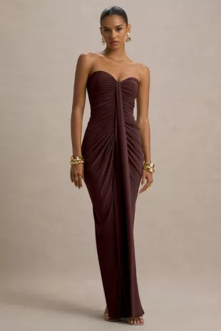Warm Brown Sweetheart Ruched Wrap Maxi Dress
