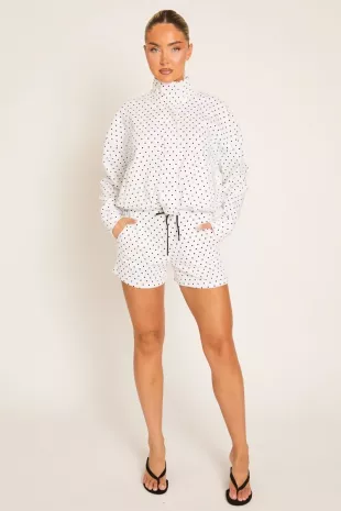 White Polka Dot High Neck Zip Up Jacket and Shorts
