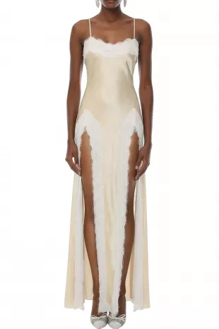 Alexia Cream Neutral Lace Trim Slit Maxi Dress