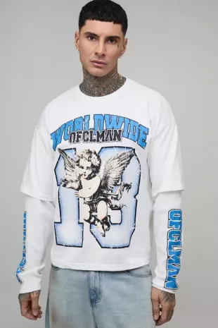 Tall Oversized Boxy Worldwide Varsity Waffle Faux Layer Long Sleeve T-Shirt