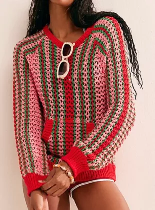 FP Beach Pink Green Red Dayton Striped Pullover Sweater