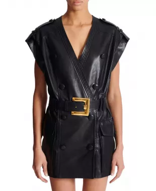 Lambskin Leather Short Belted Dress