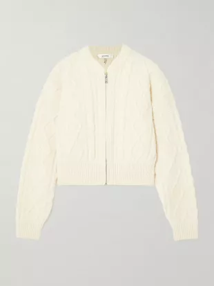 Cropped Cable-knit Merino wool Zip-up Cardigan