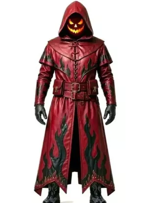 Halloween Gothic Flame Leather Trench Coat
