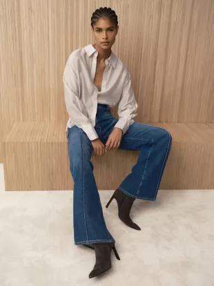 Mid Blue Claude Pintuck-Detail Flared Jeans