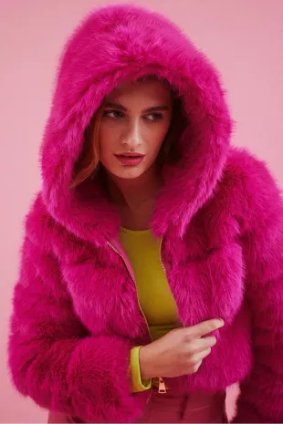 Pink Hooded Bamboo Faux Fur Puffer Coat