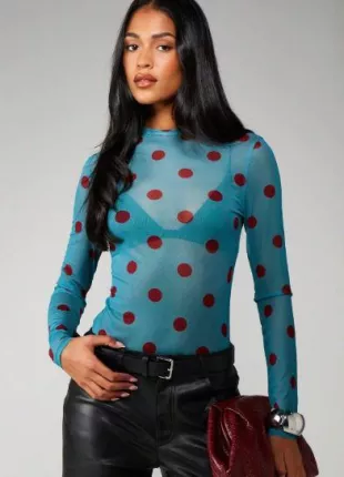 Polka Dot Mesh Long Sleeve Top
