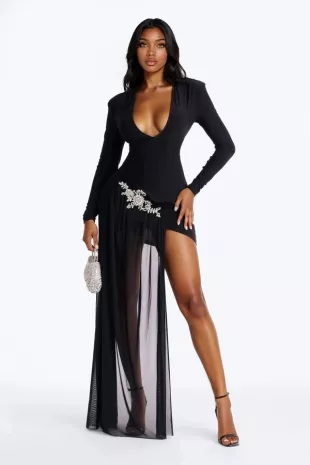Leni Deep V-Neck Embellished Draped Mini Dress