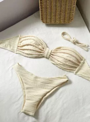 Swim Vcay 2Pcs Textured Wave Print Tube Bikini