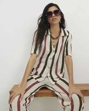 Cream Cotton Blend Crochet Stripe Shirt