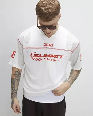 White Oversized Fit V Neck Mesh Print T-Shirt