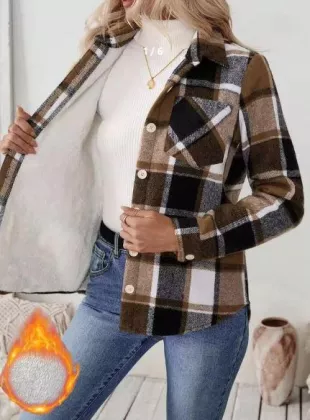 Button Front Plaid Print Long Sleeve Pocket Casual Jacket