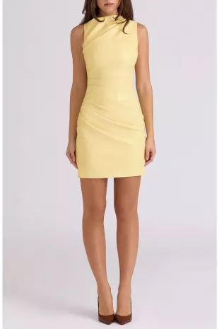 Maya Butter Yellow Faux Leather Cocktail Dress