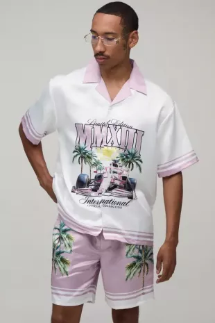 Oversized Half Sleeve Moto Print Satin Shirt & Short Set