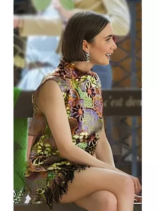 Lily Collins Emily In Paris S06 Floral Print Fringed Tank Top