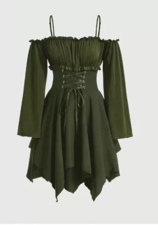Fairycore Renaissance Cross Strap Backless Cold Shoulder Dress