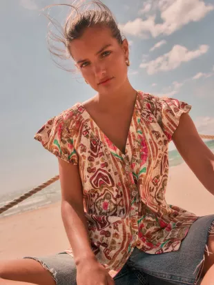 Multicoloured Abstract Print Button Down Ruffle Sleeve Top