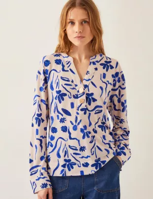 Linen Rich Floral V Neck Blouse