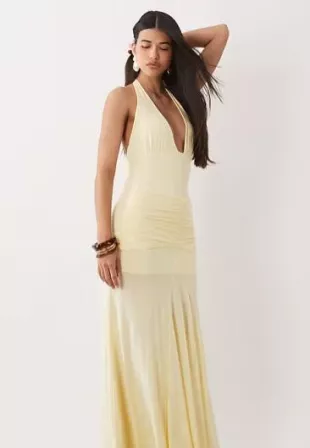 Exclusive Double Sculpted slinky V Neck Halterneck Ruched Front Detail Maxi Dress