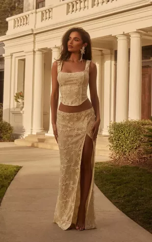 Cream Floral Textured Thigh High Split Maxi Skirt Co-ord