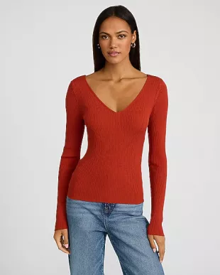 Silky Soft Fitted Ribbed Double V-Neck Sweater