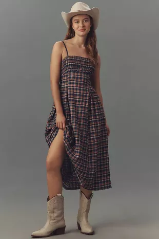 Sleeveless Smocked Plaid Midi Dress