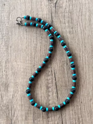 Wood Turquoise Lava Rock  Beaded Necklace